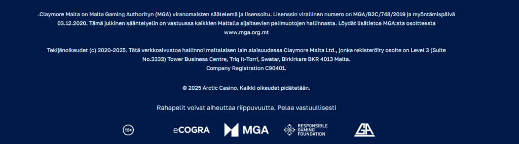 MGA kasinon alatunniste, jossa näkyvät lisenssitiedot ja linkit vastuullisen pelaamisen sivuille