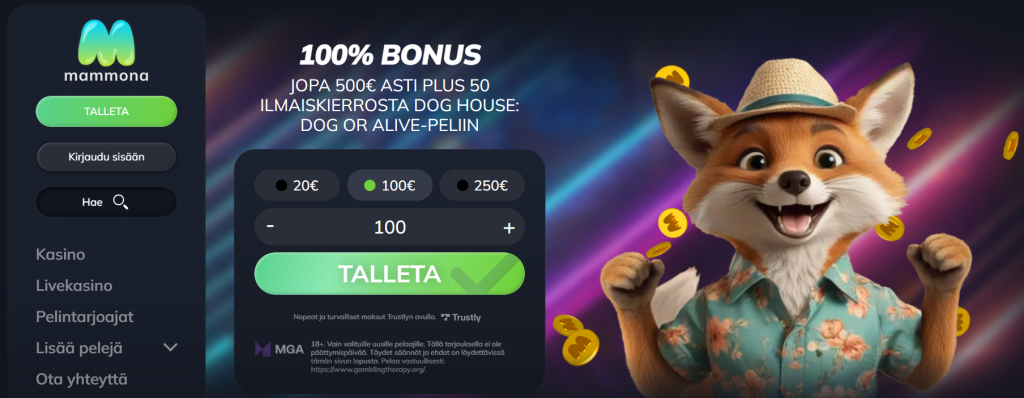 Kuvakaappaus Mammona Kasinon peliaulasta. Tyylikäs MGA kasino, jossa pääset pelaamaan ilman rekisteröitymistä.