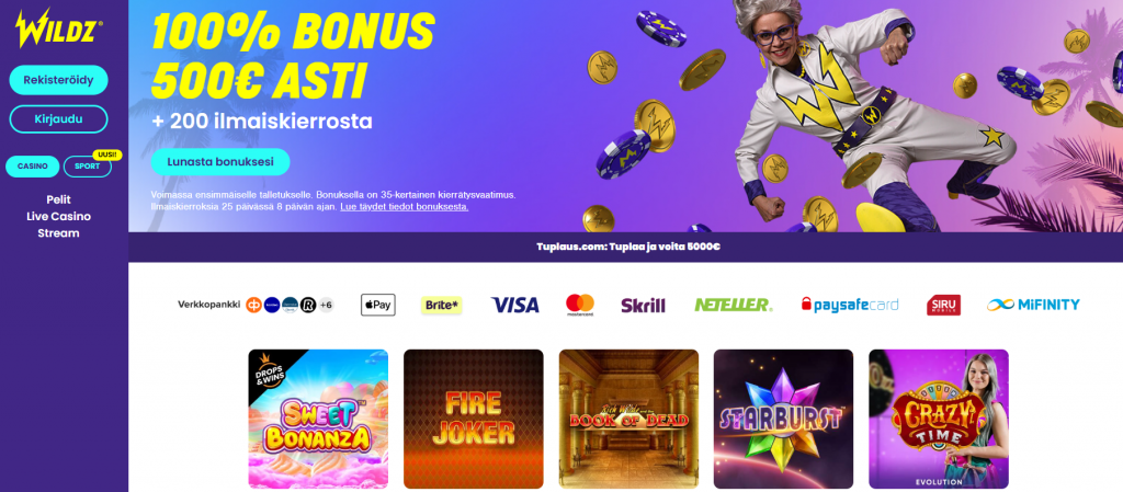 Kuvakaappaus Wildz Casinon peliaulasta. MGA nettikasino, josta löytyy casino, sport ja suosituimmat maksutavat.